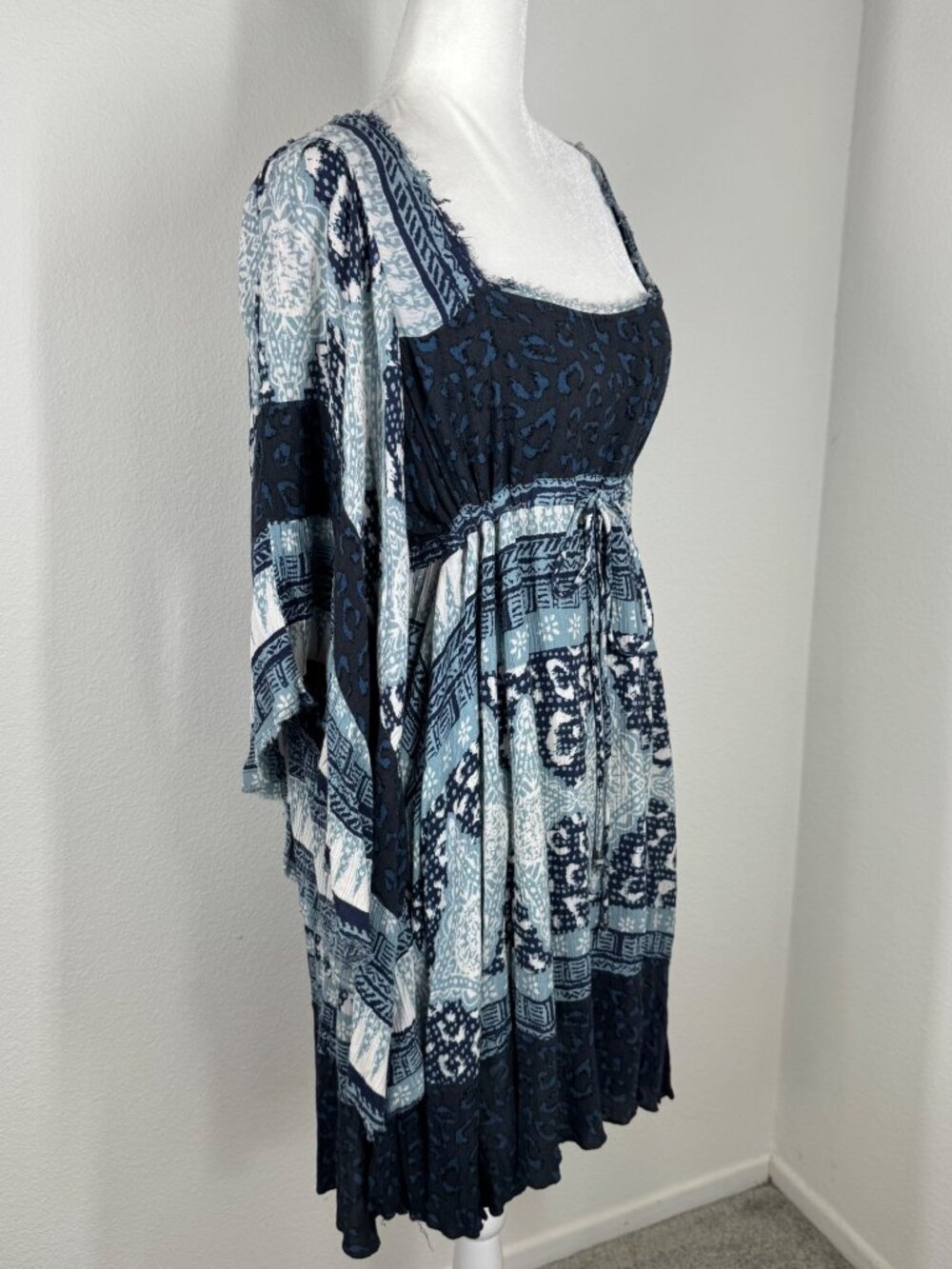 Free People Dress Kaftan Sleeve Mini Blue Boho Ruffle Sz S Square Neck Peasant - Picture 3 of 10